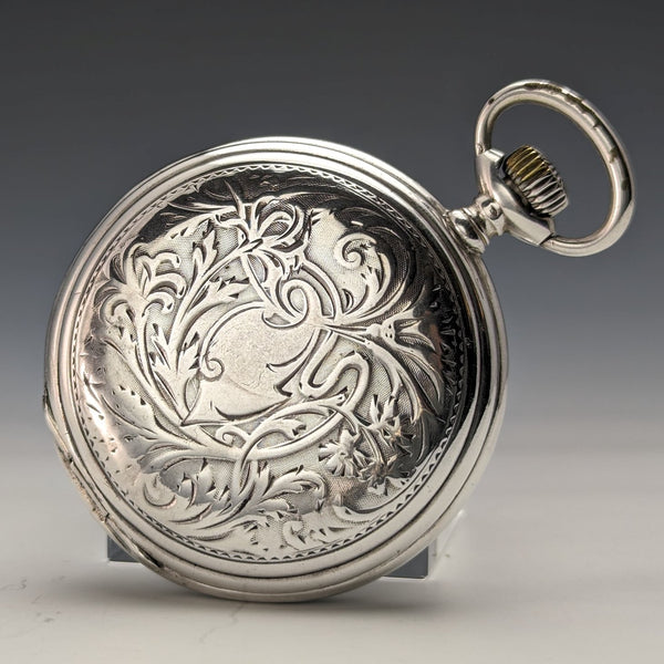 1910 年左右古董浪琴表懷錶新藝術風格雕刻獵人錶殼銀色側面效果很好